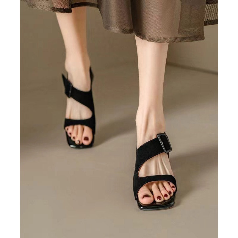 Original Design Brown Cowhide Leather Hollow Out Chunky Heel Sandals