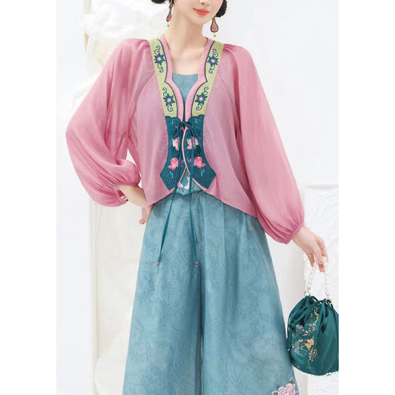 Original Design Pink Embroideried Lace Up Chiffon Cardigans Lantern Sleeve