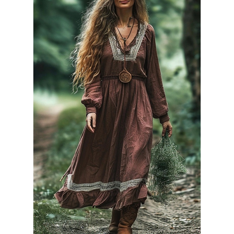 Plus Size Coffee V Neck Patchwork Cotton Long Dress Spring