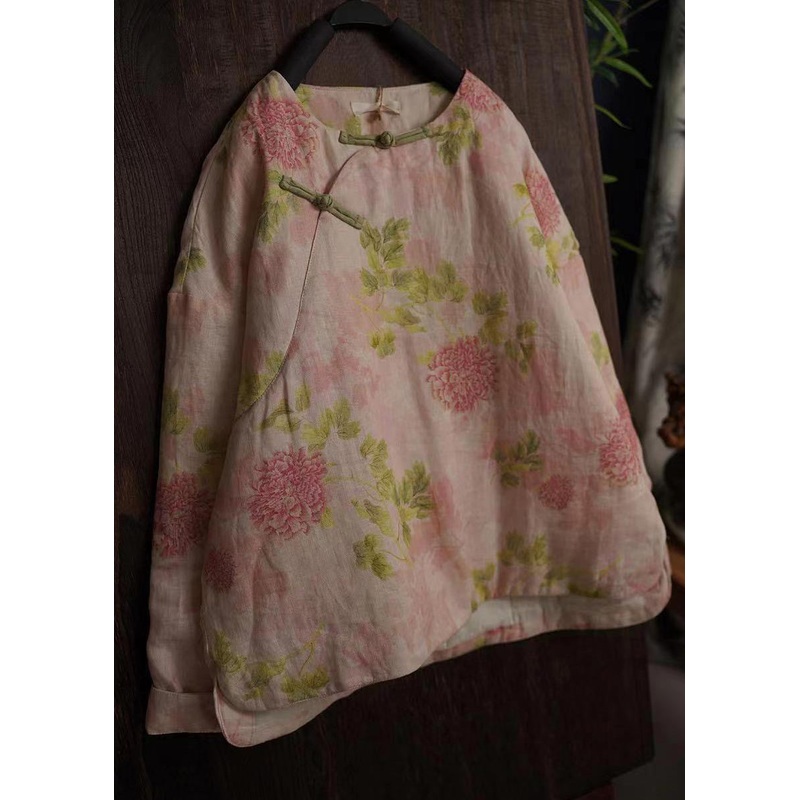 Plus Size Pink Peony O-Neck Print Fine Cotton Filled Winter Coats Long Sleeve