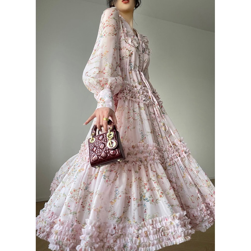 Plus Size Pink Peter Pan Collar Print Chiffon Dresses Long Sleeve