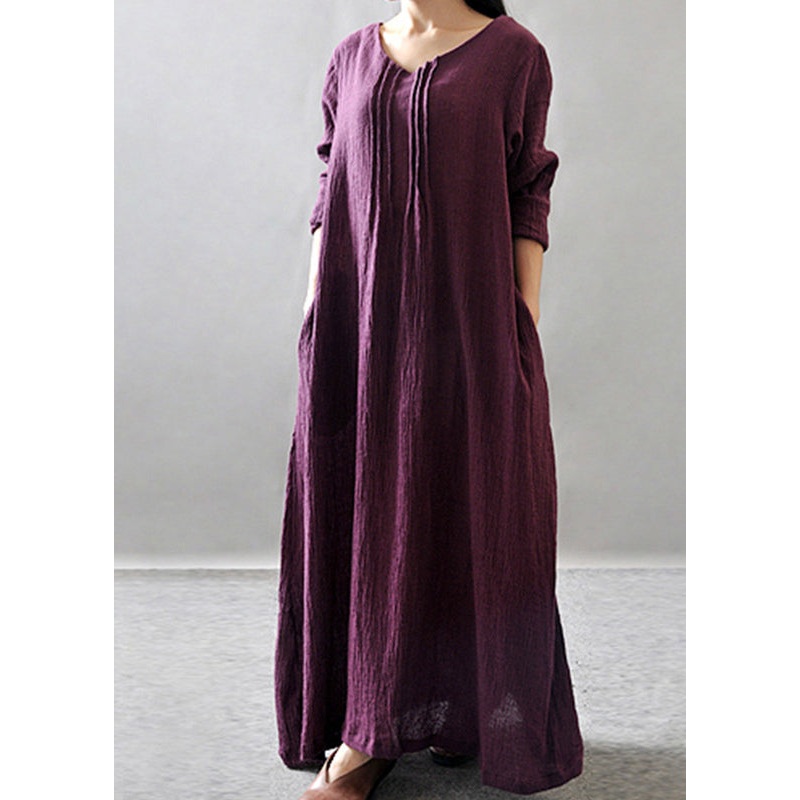 Purple Pockets Maxi Dresses Long Sleeve