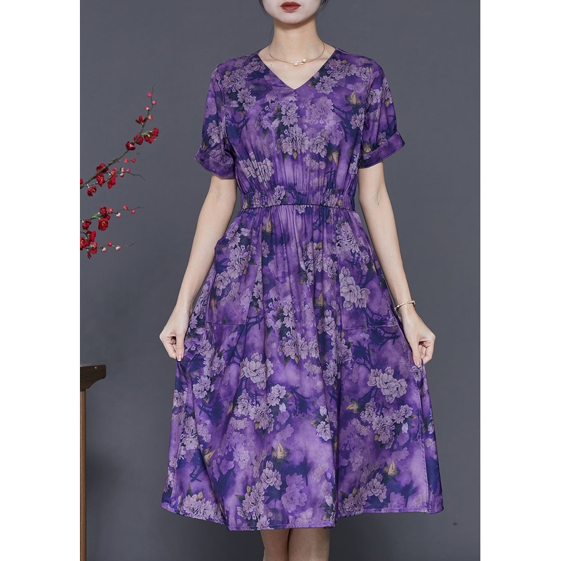 Purple Print Cotton Long Dresses Cinched Summer
