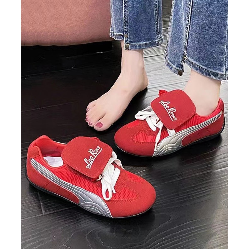 Red Suede Sport Flat Shoes For Women Splicing Lace Up