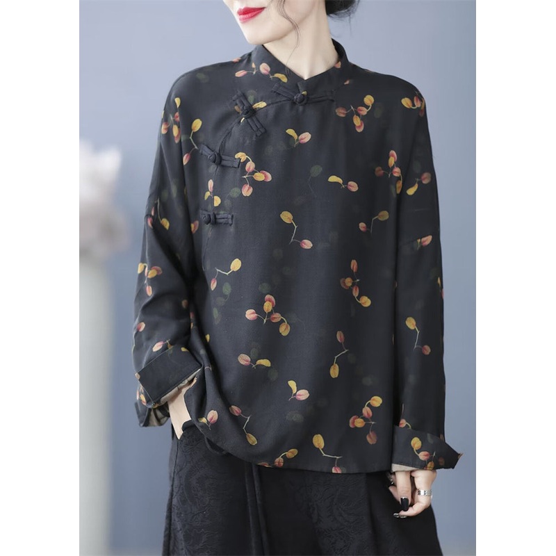 Retro Black Stand Collar Print Button Shirt Long Sleeve