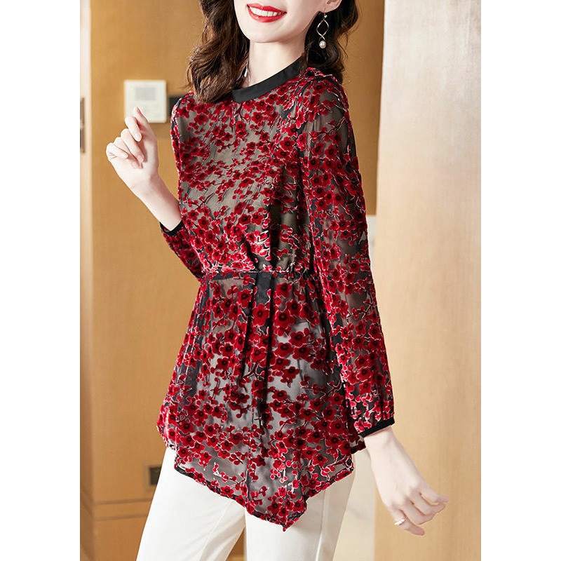 Retro Red Wrinkled Hollow Out Floral Silk Velour Top Spring
