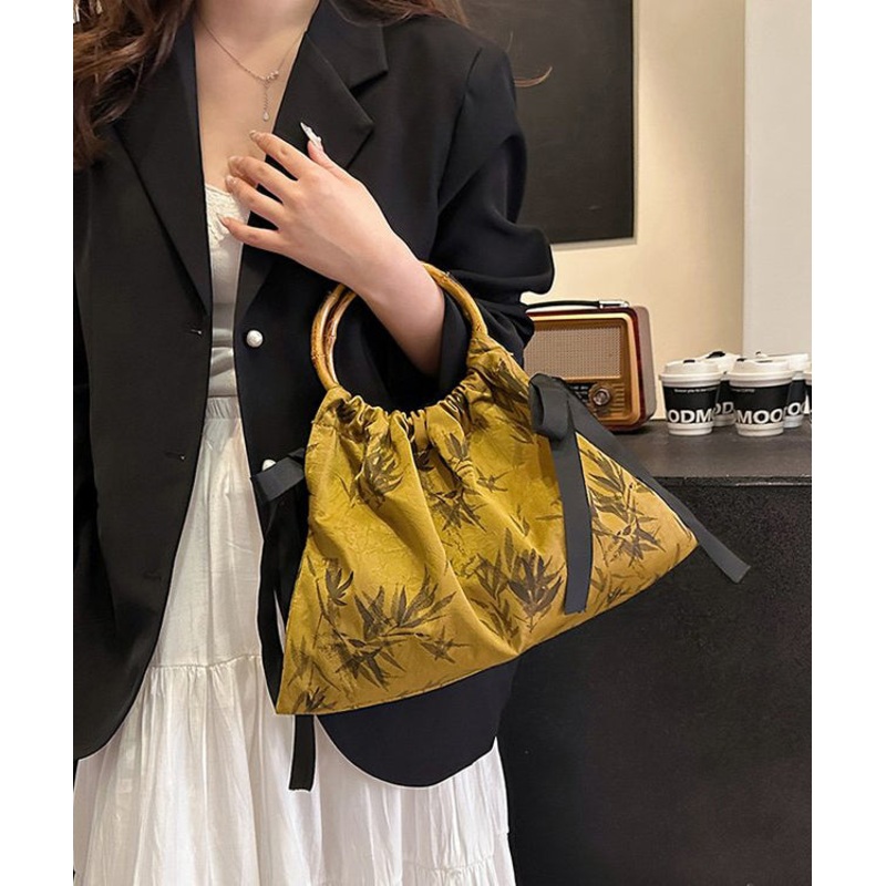 Retro Yellow Cinched Embroideried Silk Tote Handbag