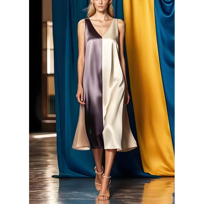 Simple Colorblock V Neck Patchwork Silk Maxi Dress Summer