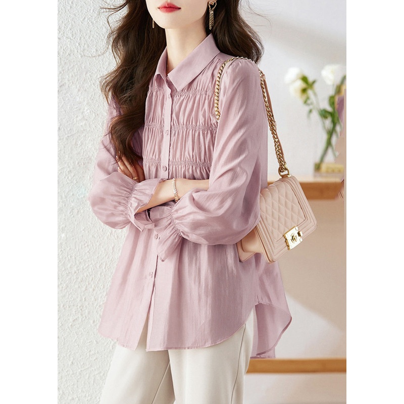 Simple Light Purple Peter Pan Collar Wrinkled Patchwork Button Silk Shirts Long Sleeve