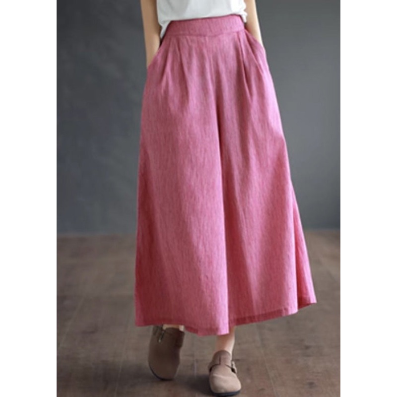 Simple Pink High Waist Cotton Crop Pants Summer