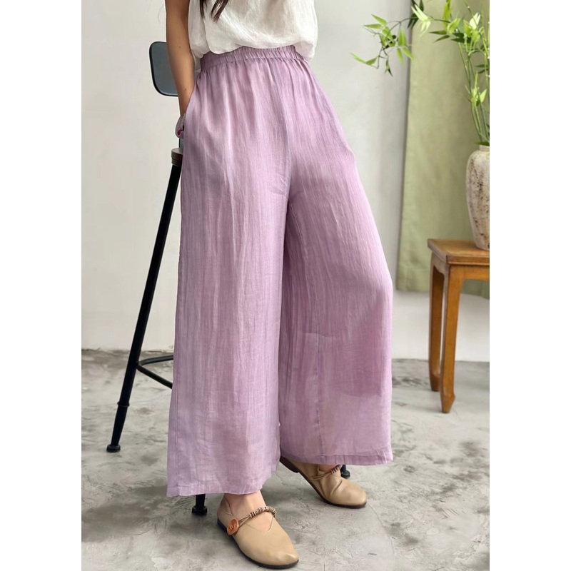 Simple Purple Pockets Elastic Waist Linen Wide Leg Pants Summer