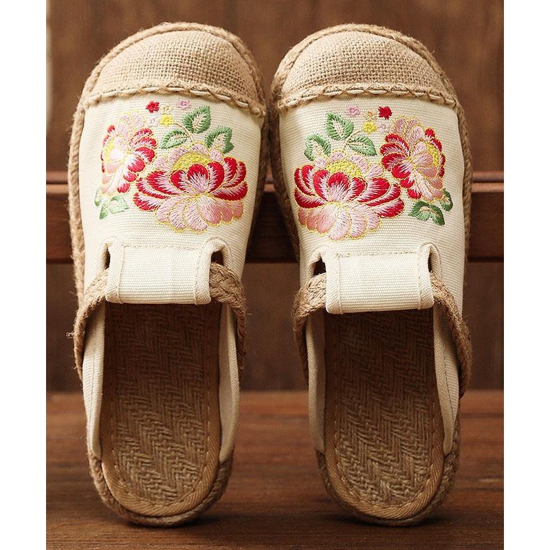 Simple Splicing Flat Shoes Beige Embroidered Cotton Linen Fabric