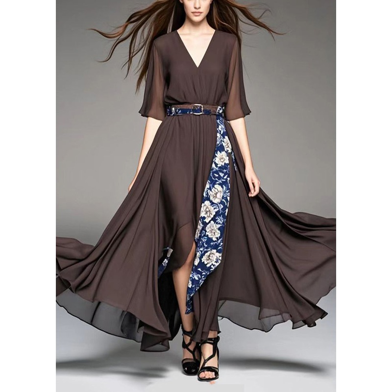 Style Chocolate Asymmetrical Patchwork Print Chiffon Ankle Dress Summer