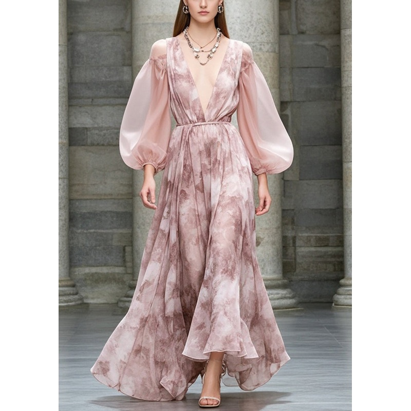 Style Pink Cold Shoulder Print Chiffon Party Dresses Fall