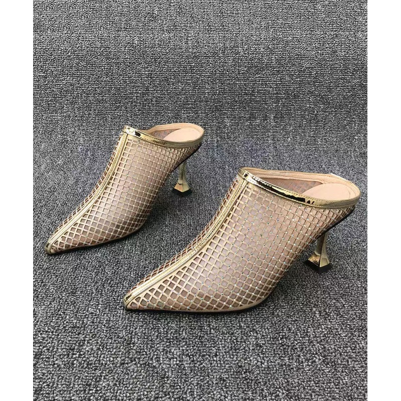 Stylish Gold Tulle Zircon High Heel Slide Sandals Pointed Toe