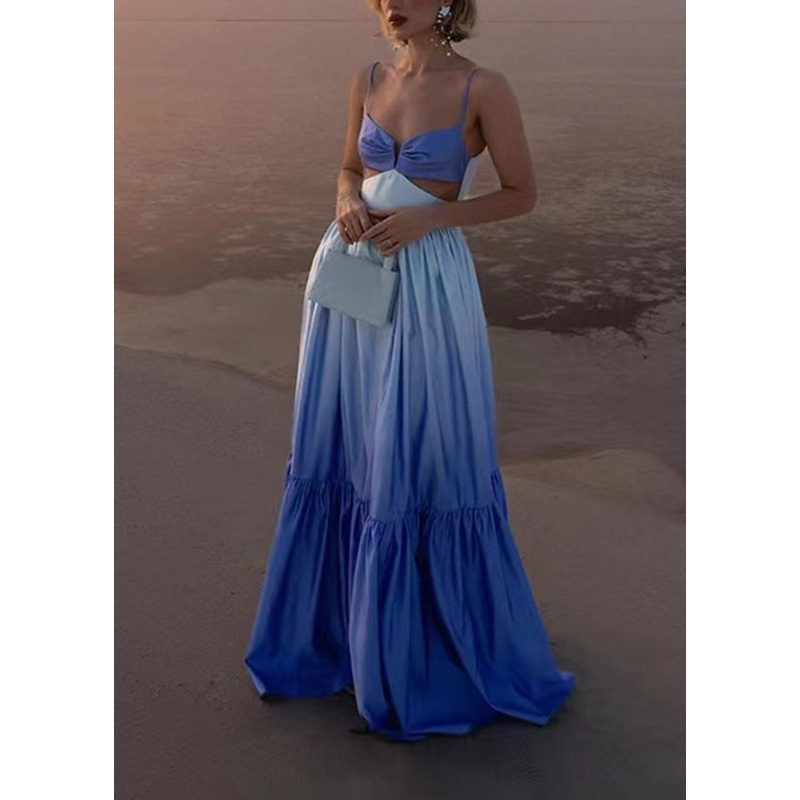 Stylish Gradient Blue Wrinkled Patchwork Spaghetti Strap Dress Sleeveless