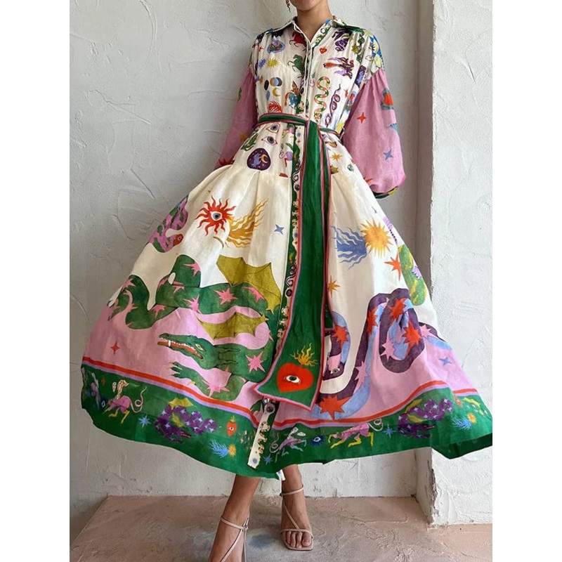 Stylish Pattern Shirt Midi Dress Balloon Sleeve