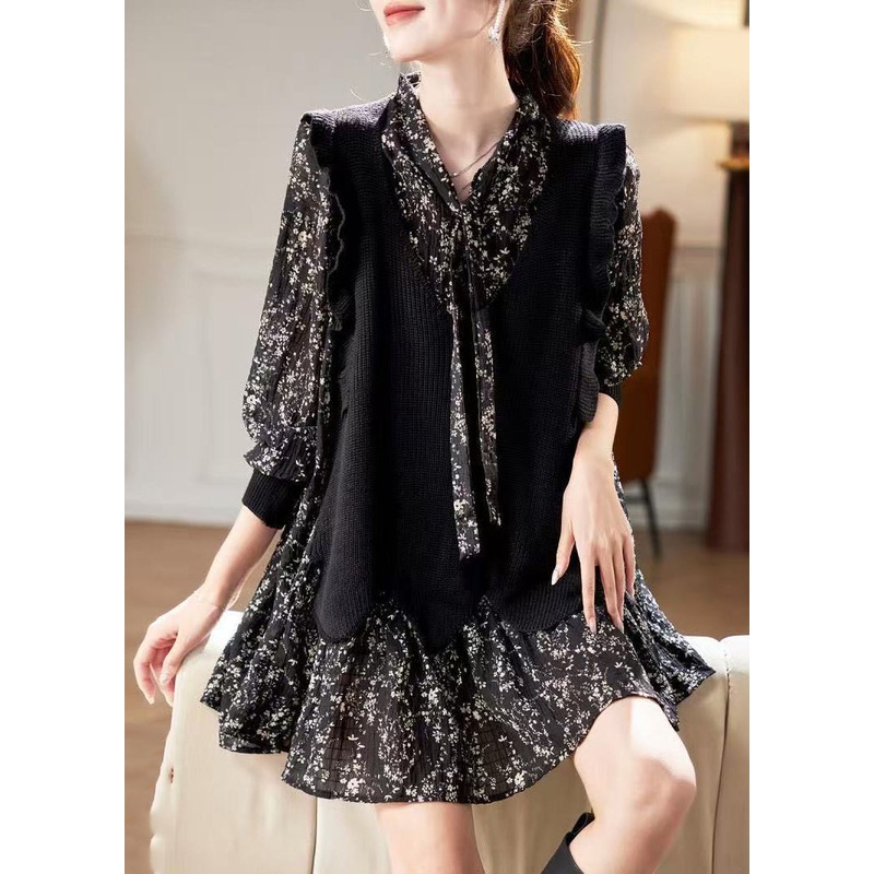 Unique Black V Neck Print Chiffon Mid Dress Spring