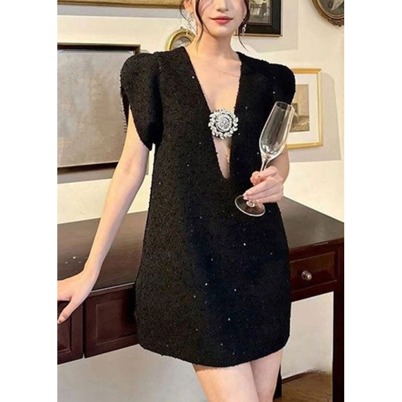 Unique Black V Neck Zircon Cotton Mid Dress Summer