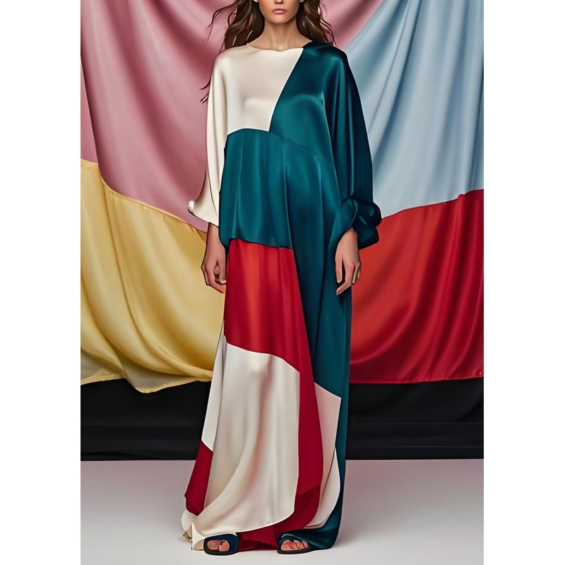 Unique Colorblock O Neck Patchwork Silk Party Maxi Dress Long Sleeve