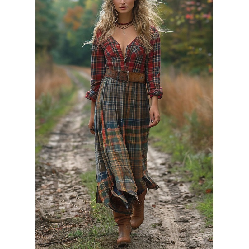 Unique Colorblock V Neck Plaid Cotton Dresses Long Sleeve