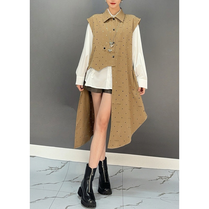 Unique Khaki Asymmetrical Patchwork Graphic Dot Maxi Waistcoat Dresses Spring