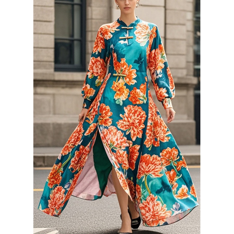 Vintage Blackish Green Print Side Open Cheongsam Dress Fall