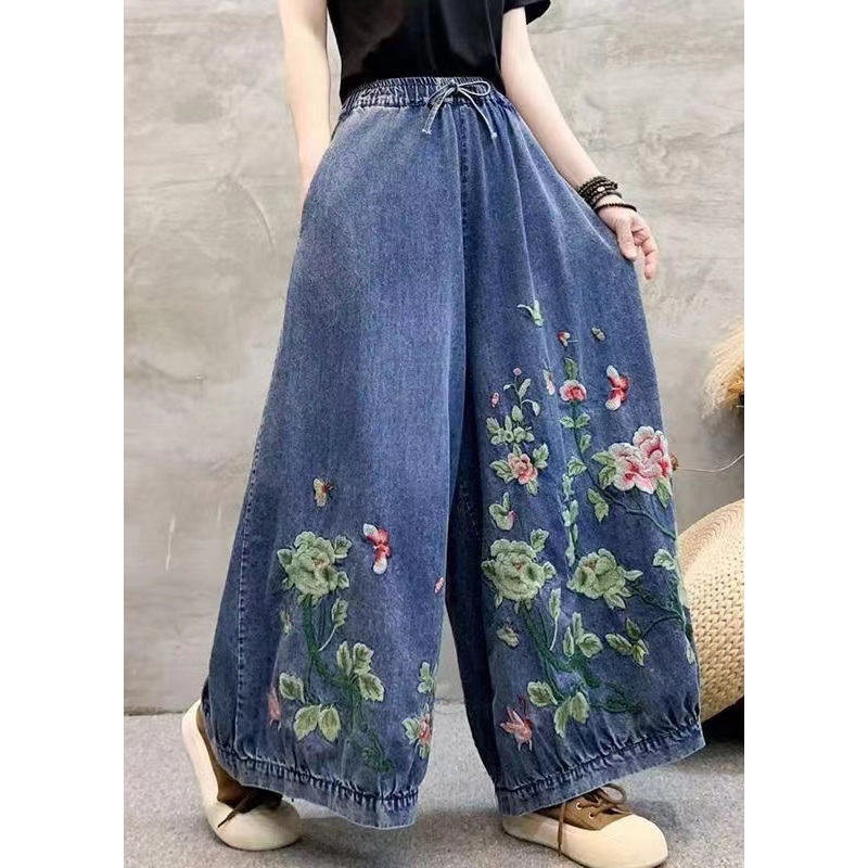 Vintage Blue Embroidered Elastic Waist Denim Wide Leg Pants Spring