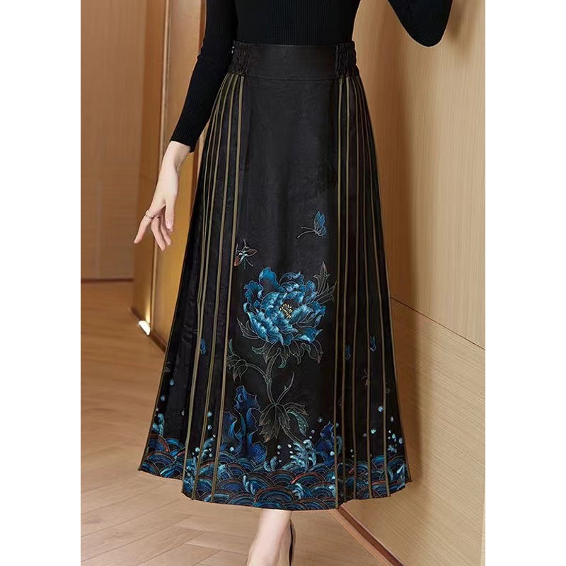 Vintage Blue Print Wrinkled High Waist Silk Skirt Spring