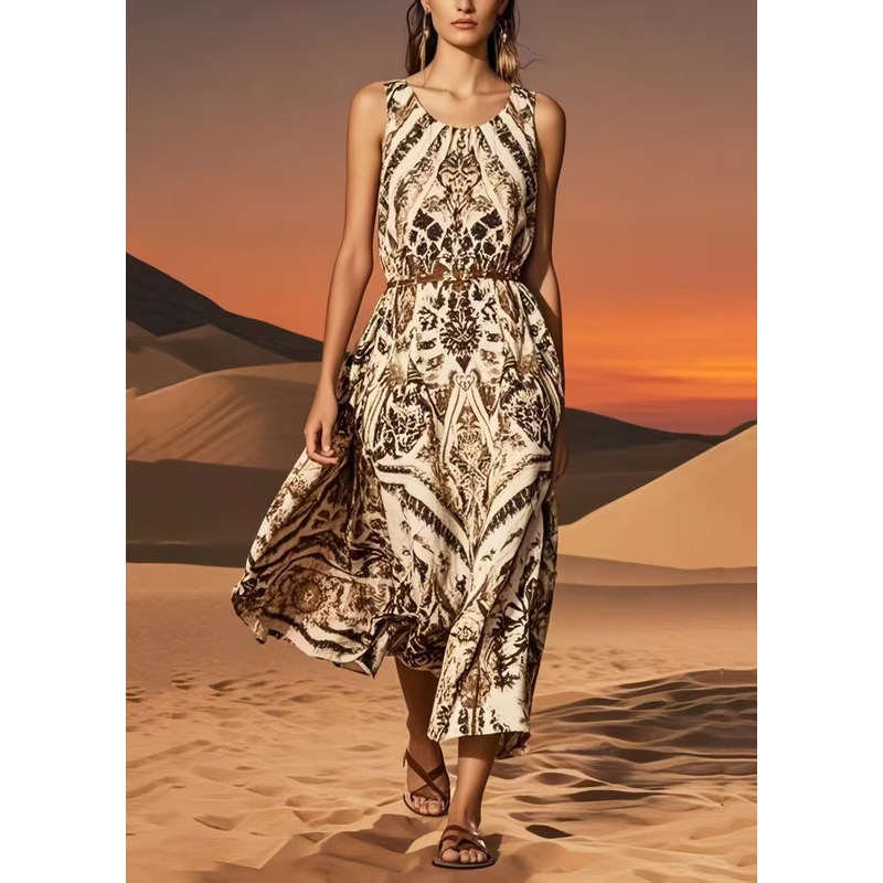 Vintage Brown O-Neck Print Cotton Sundress Summer