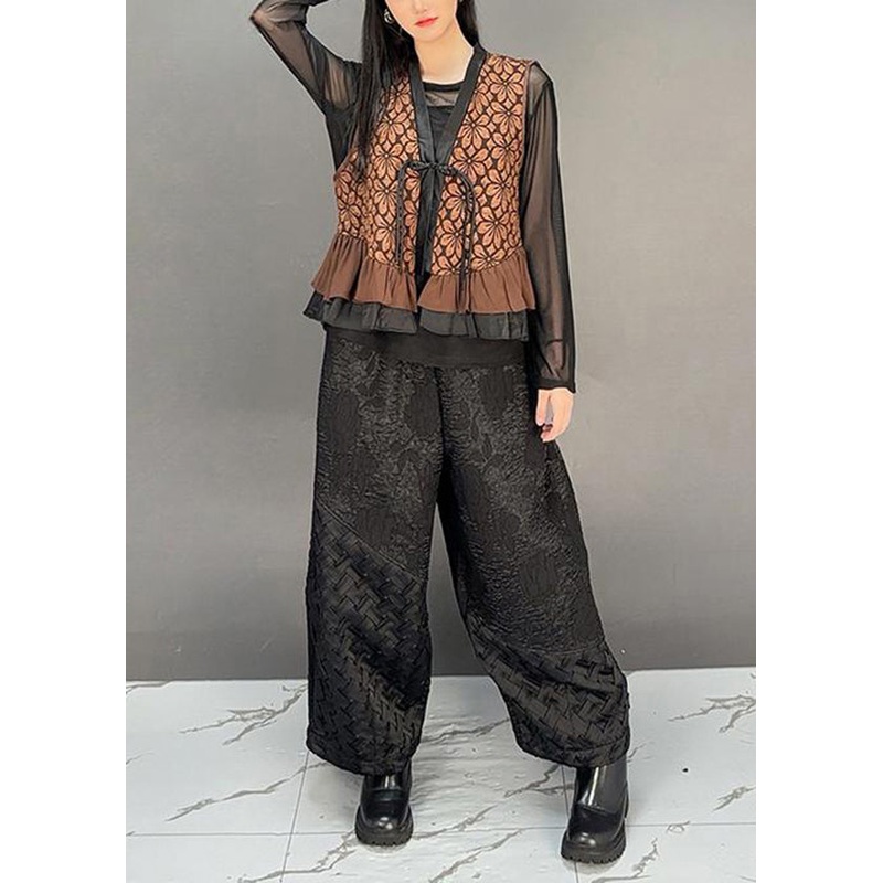 Vintage Brown V Neck Tassel Ruffled Cotton Vest Fall