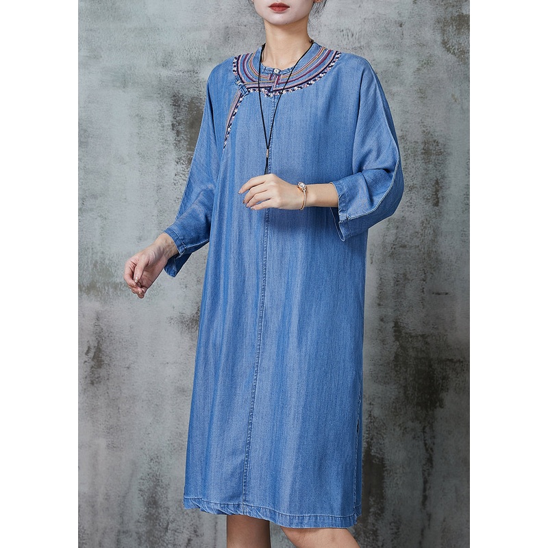 Vintage Denim Blue Embroidered Side Open Dresses Summer