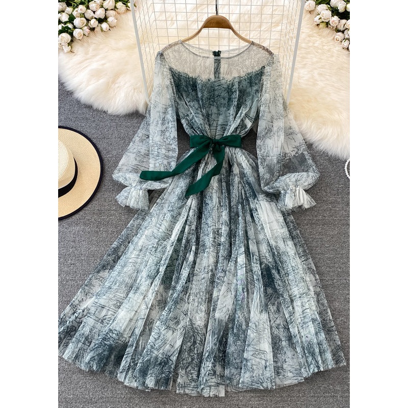 Vintage Green O-Neck Slim Tulle Long Dress Puff Sleeve