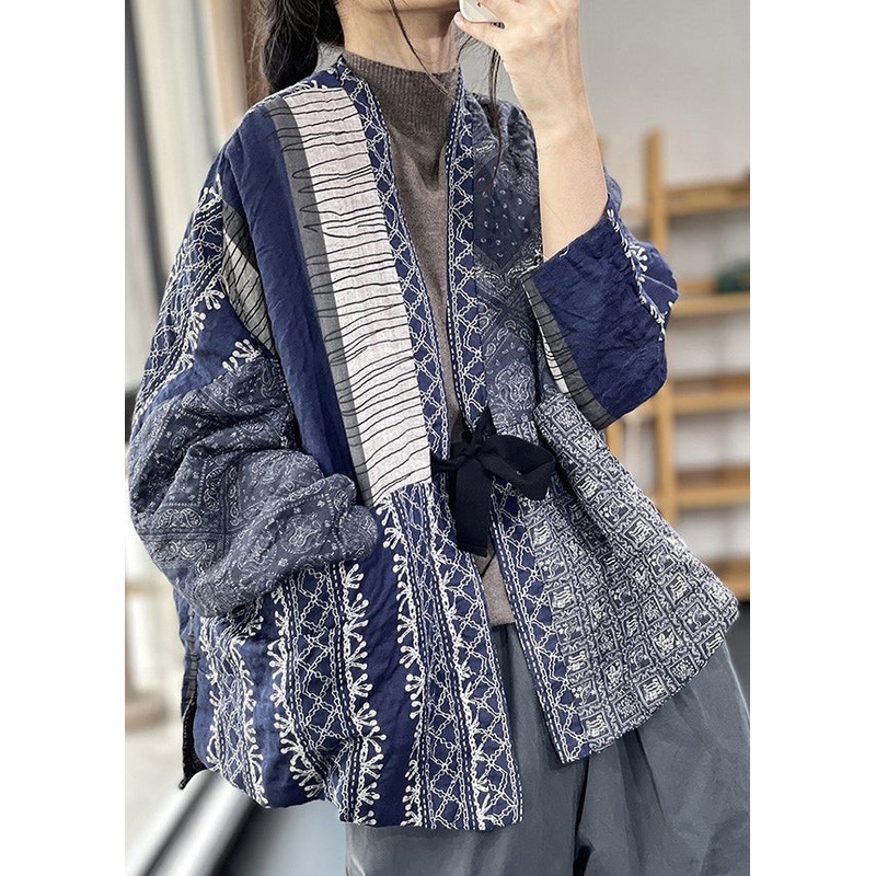 Vintage Navy Oversized Print Fine Cotton Filled Jackets Spring