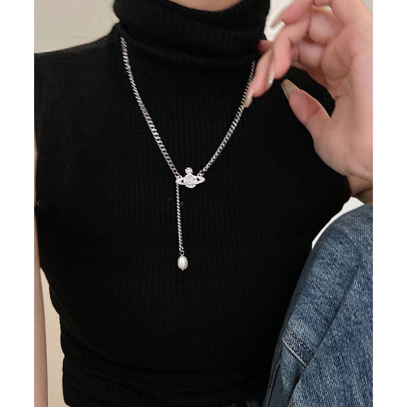 Vintage Silk Stainless Steel Pearl Tassel Pendant Necklace