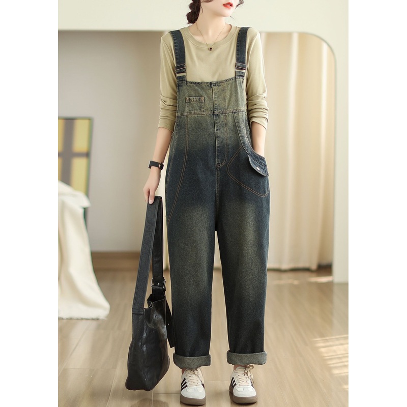 Vintage Slash Neck Pockets Patchwork Denim Jumpsuits Fall