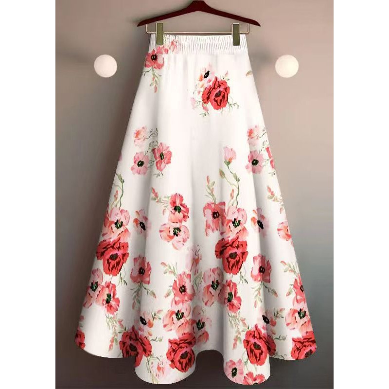 White Print Cotton Skirts Elastic Waist Summer