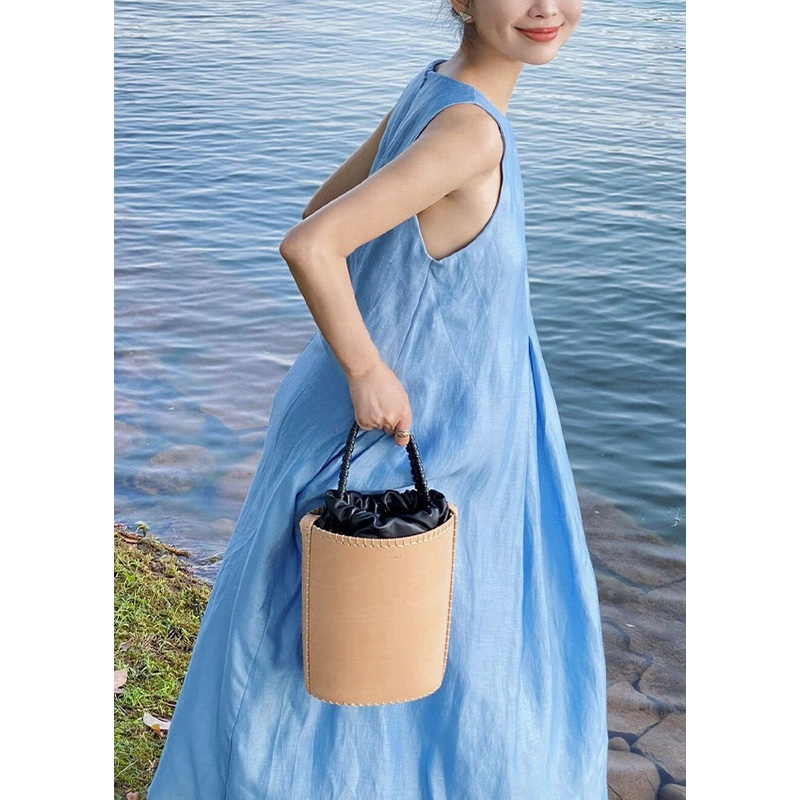 Women Blue Zip Up Solid Cotton Maxi Dress Sleeveless