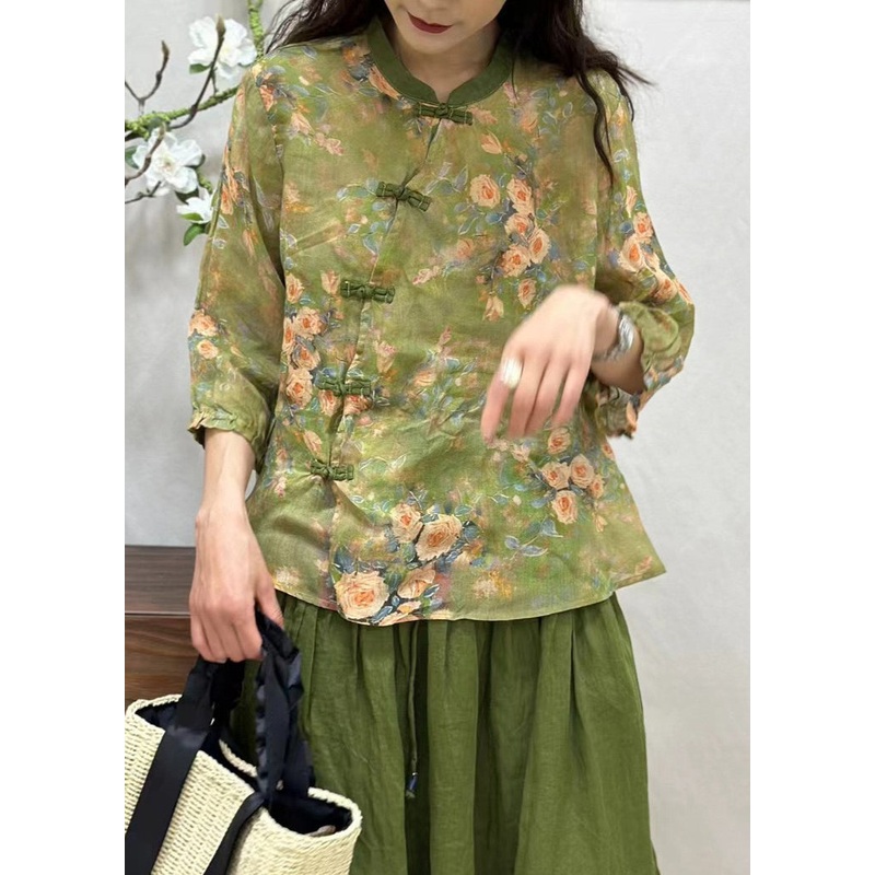 Women Green Chinese Button Print Linen Shirt Bracelet Sleeve