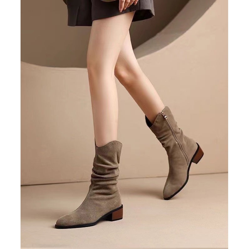 Women Khaki Suede Splicing Chunky Boots