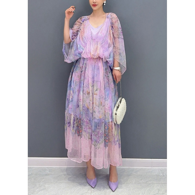 Women Lavender U Neck Print Patchwork Long Dresses Summer