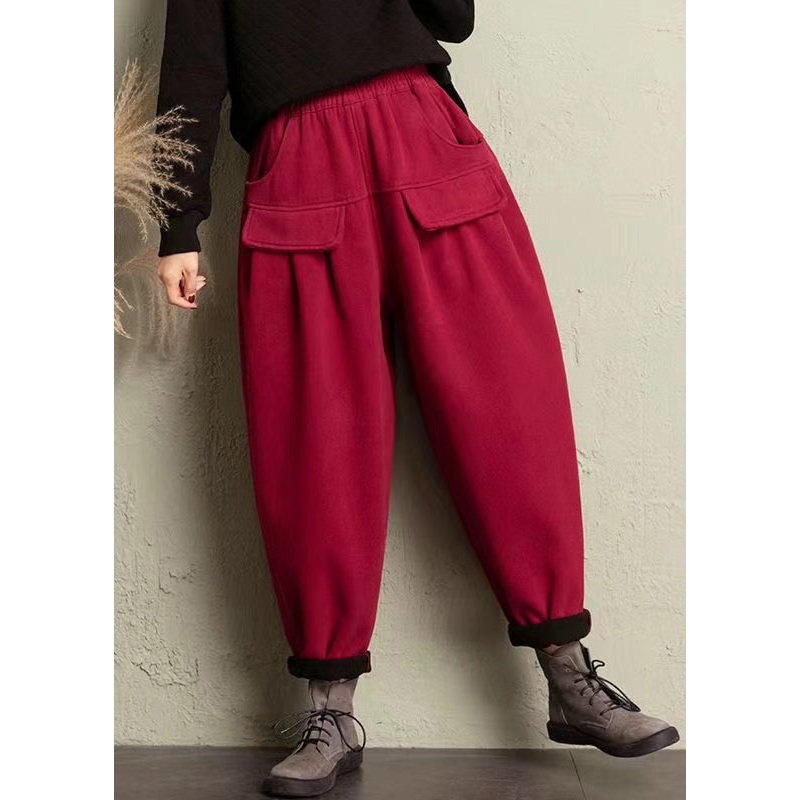 Women Red Pockets High Waist Cotton Pants Spring