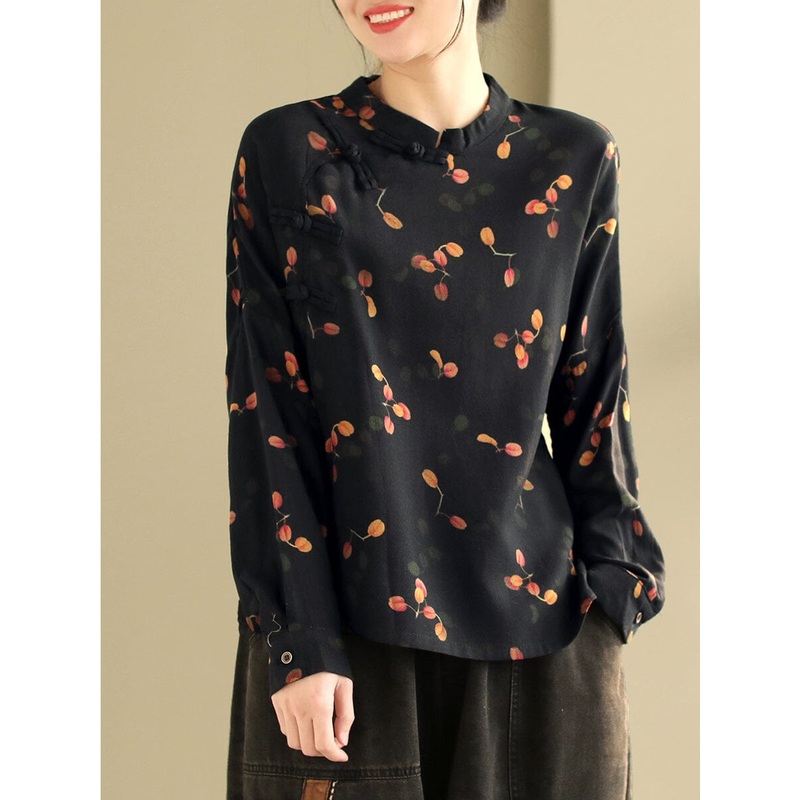 Women Spring Retro Print Cotton Casual Blouse