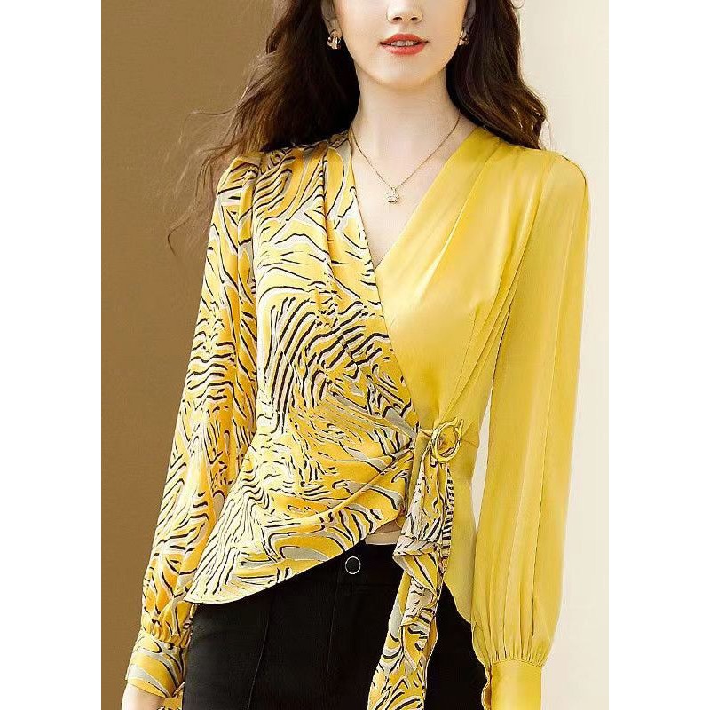 Women Yellow V Neck Asymmetrical Print Chiffon Tops Spring