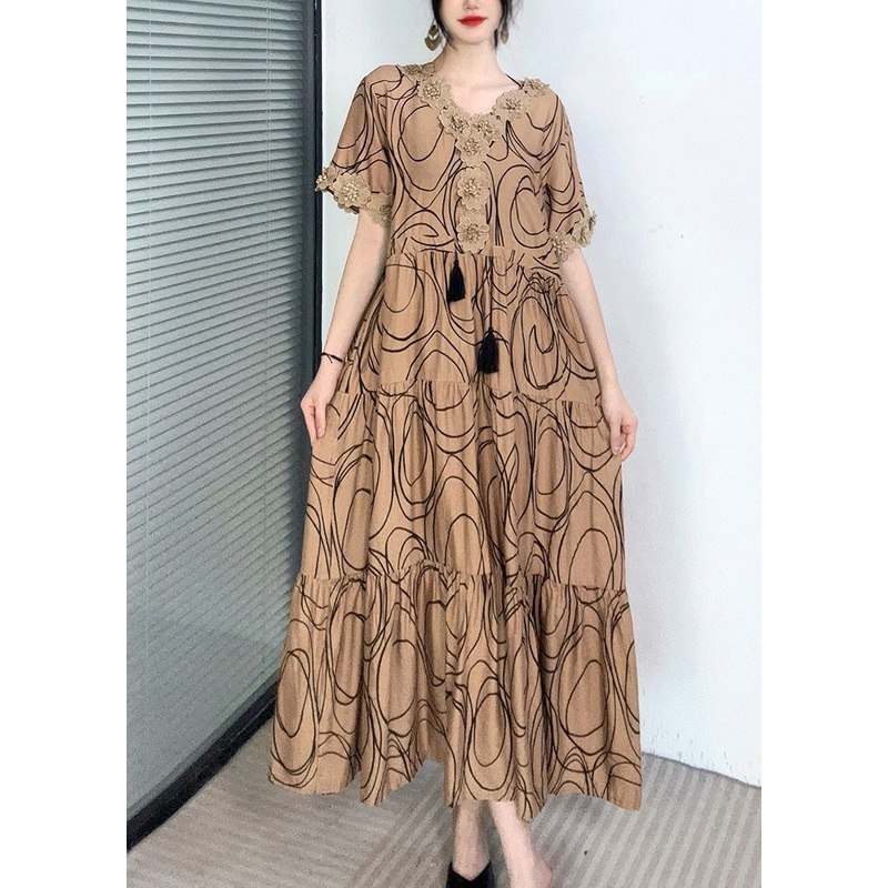 Yellow Print Patchwork Cotton Dress V Neck Drawstring Summer