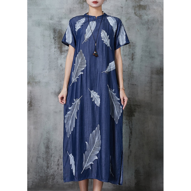 Art Navy Feather Print Denim Cheongsam Dress Summer