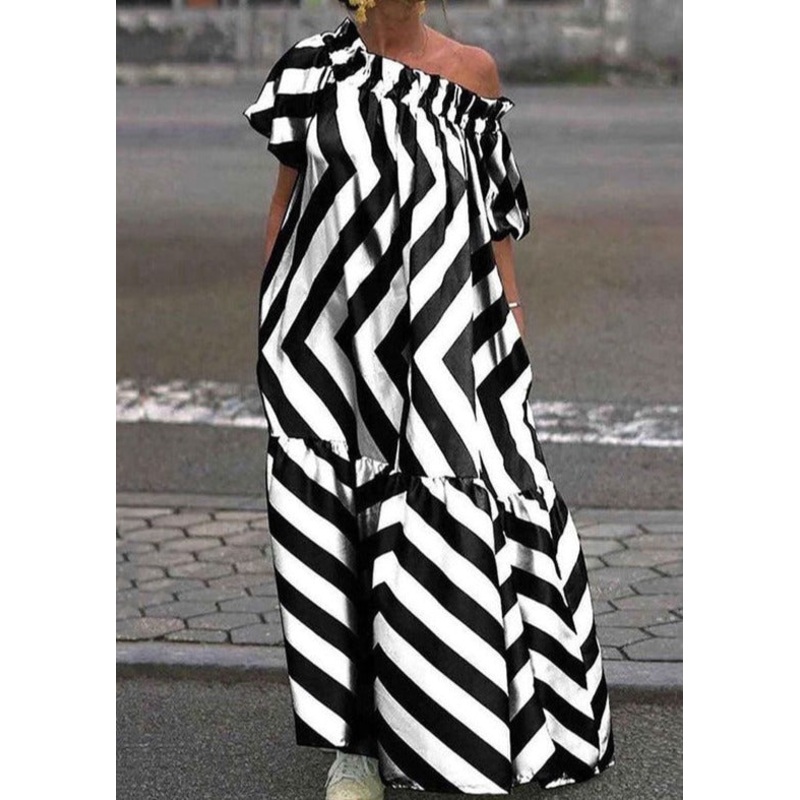 Asymmetric Contrast Color Pleated Pockets Striped One-Shoulder Maxi Dresses