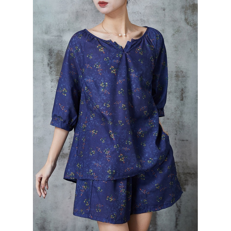 Beautiful Navy Oversized Print Cotton Two Piece Set Women Clothing Summer