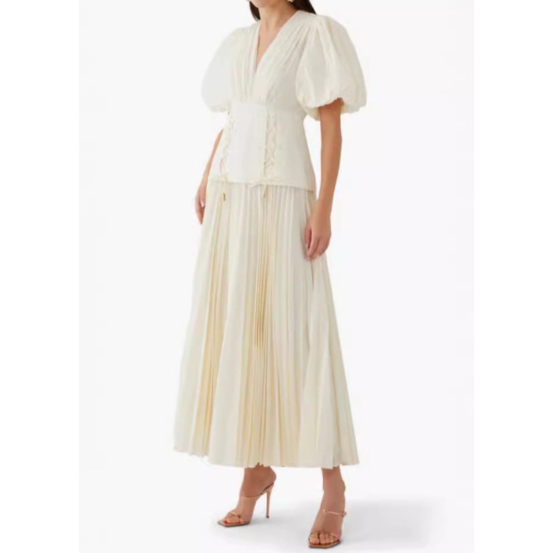 Beige Wrinkled Patchwork Cotton Dress V Neck Lantern Sleeve