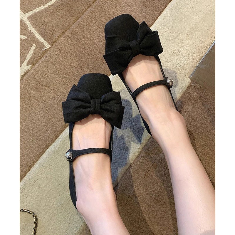 Black Cotton Fabric Flat Shoes Splicing Bow Buckle Strap
